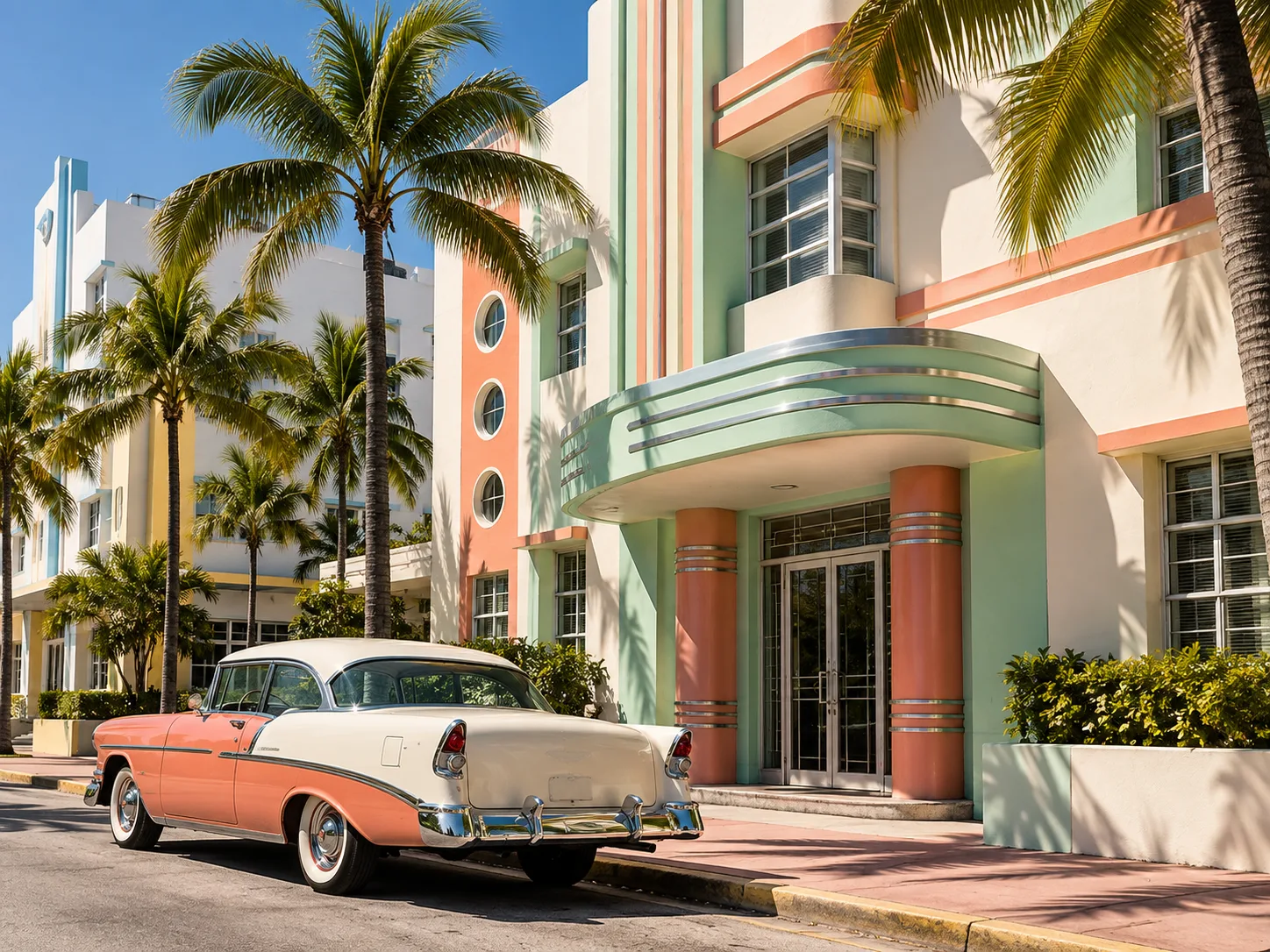 A pastel Art Deco facade on a Miami street in hard midday sun, a vintage car at the curb